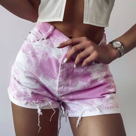 NWT TIGER MIST Arabella High-Waist Tie Dye Denim Short Sz Medium Raw Hem - Picture 4 of 10